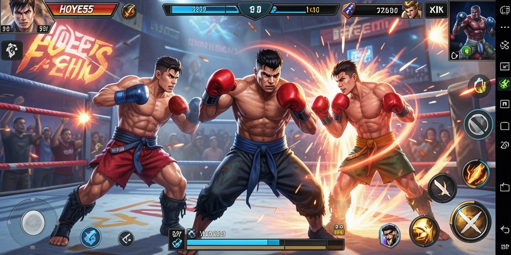 Tangkapan layar gameplay HOYE55 menampilkan pertarungan seru antar karakter.
