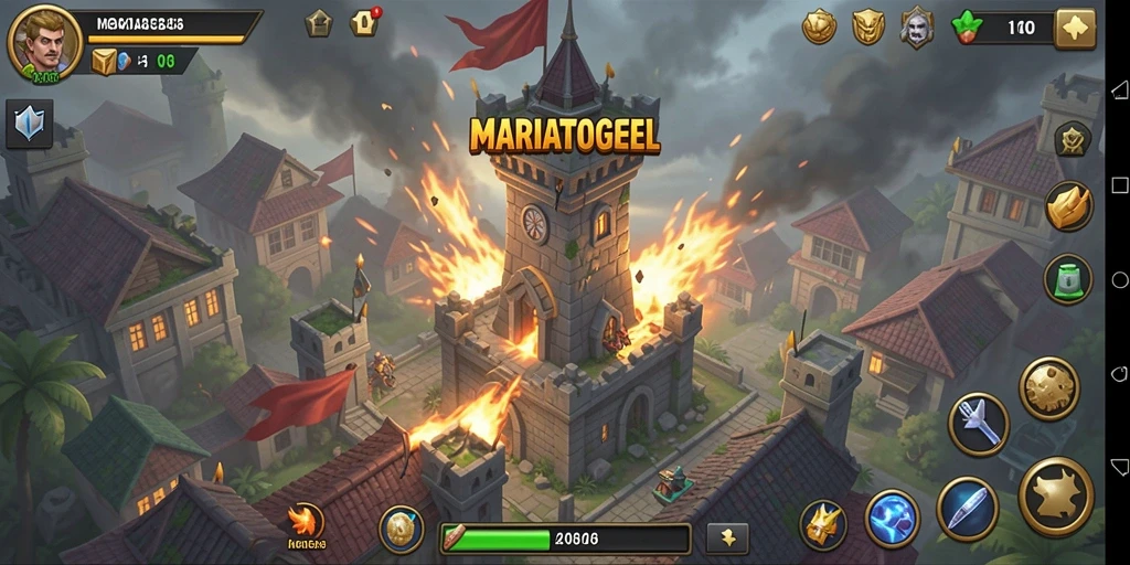 Tampilan gameplay MARIATOGEL menampilkan pertahanan menara yang aktif dan serangan musuh.