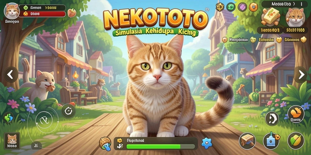 Screenshot utama menunjukkan gameplay mengasyikkan dari NEKOTOTO dengan kucing-kucing lucu.